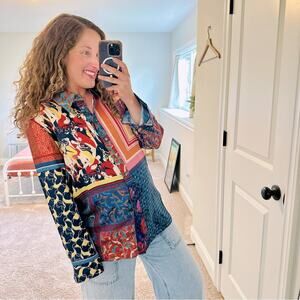 Staud Blue Red Artsy Patchwork Long Sleeve Button Front Top Blouse Medium